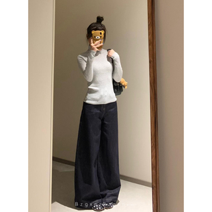 高妹加长美式水洗牛仔裤阔腿裤女高腰宽松直筒裤拖地裤显瘦长裤子