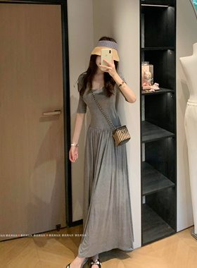 暴走高仙女175高个子女生加长灰色u领连衣裙女春秋收腰显瘦a字裙