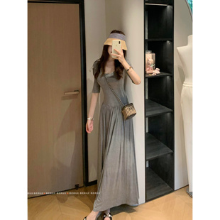 暴走高仙女175高个子女生加长灰色u领连衣裙女春秋收腰显瘦a字裙