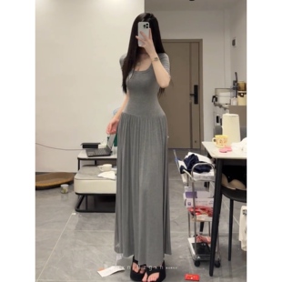 暴走高仙女170高个子超长大裙摆长款中袖针织A字收腰U领连衣裙