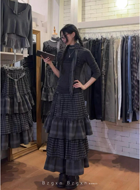 175高个子加长格纹拼接蛋糕长裙女2026春季高腰a字半身裙百褶伞裙