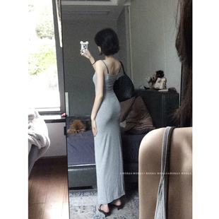 175高个子女生加长180灰色修身吊带连衣裙子长裙女春秋2025包臀裙