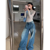 暴走高仙女高个子加长折痕做旧水洗牛仔裤 女春175拖地直筒阔腿裤