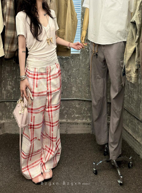 暴走高仙女175高个子加长版复古红格纹高腰长裤女百搭休闲遛弯裤