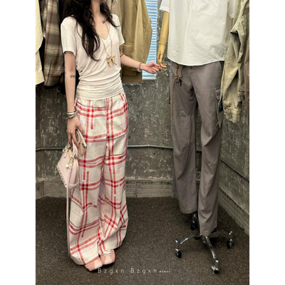 复古红格纹高腰长裤高个子加长版