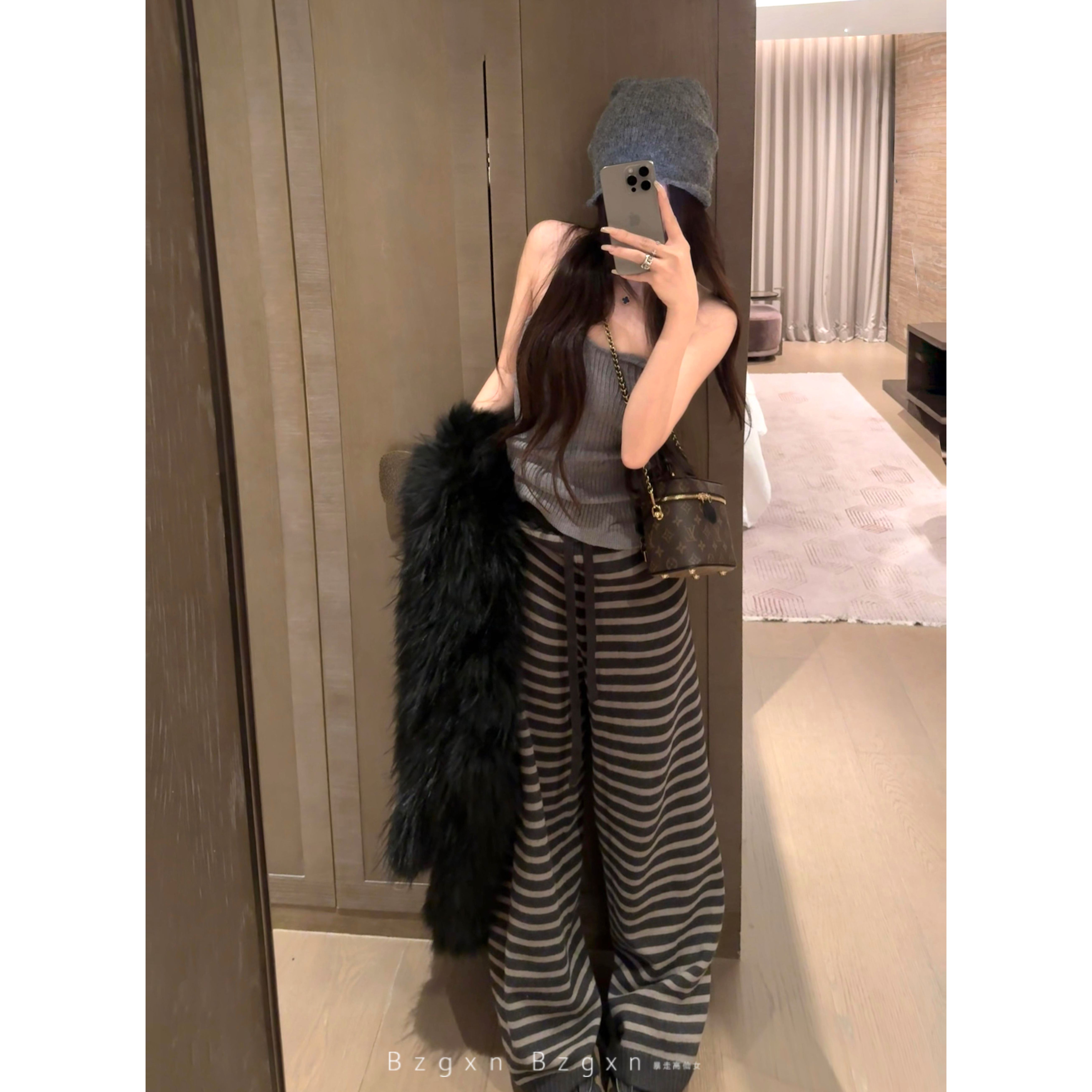 高个子加长180条纹针织阔腿裤女