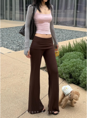 暴走高仙女175高个子加长180可翻折腰头针织宽松咖色微喇拖地裤子