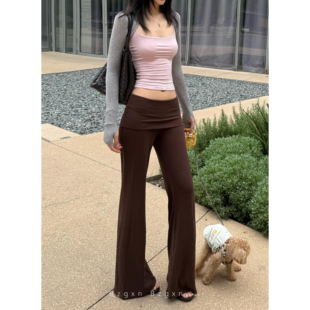 暴走高仙女175高个子加长180可翻折腰头针织宽松咖色微喇拖地裤子