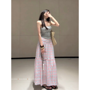 暴走高仙女175高个子女生加长格子半身长裙女春秋复古显瘦大摆裙