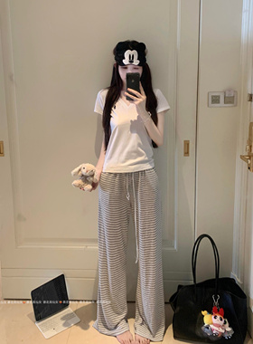 暴走高仙女175高个子条纹休闲裤女夏季180加长慵懒百搭直筒拖地裤