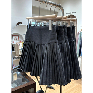 高个子加长百褶裙毛呢短裙灰色防走光A字半身裙女秋冬百搭高腰裙