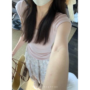 暴走高仙女高个子加长粉色U领正肩短袖t恤女夏季2026修身短款上衣