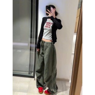 宽松高街阔腿运动裤 女美式 子 裤 暴走高仙女高个子早春超长绿色工装