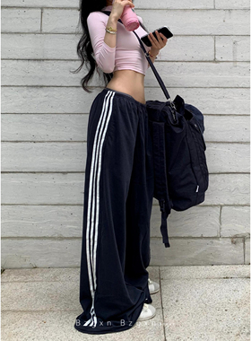 暴走高仙女高个子藏蓝色阔腿裤设计感三条杠宽松慵懒风直筒休闲裤