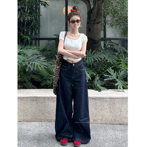 美式复古蓝阔腿牛仔裤高个子加长