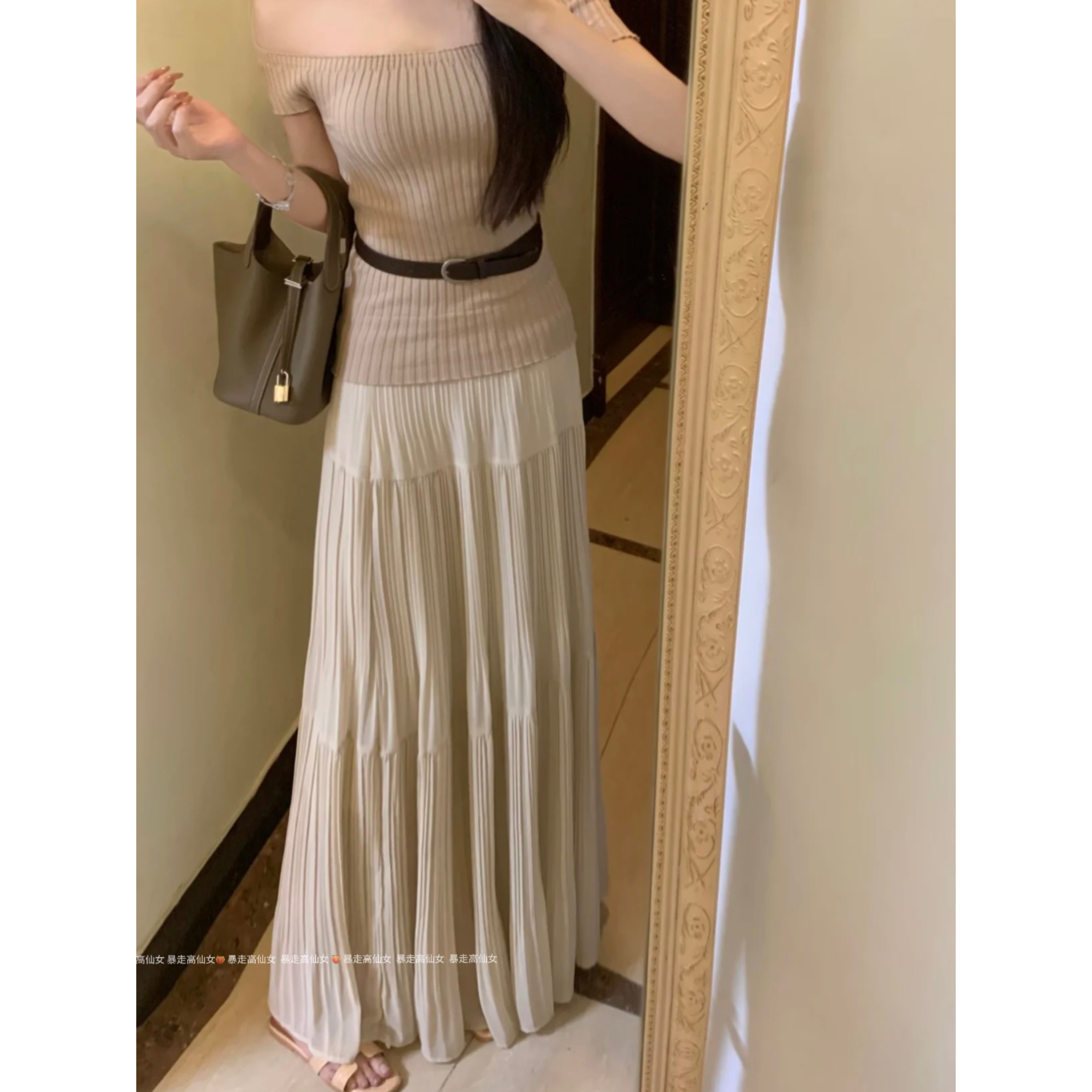 杏色百褶半身裙高个子女生加长版