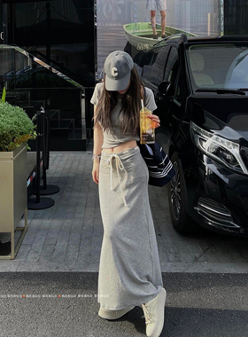 暴走高仙女175高个子灰色抽绳外穿半身裙女2026夏季休闲直筒长裙