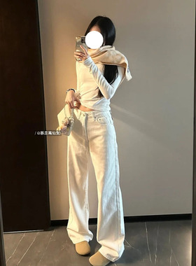 暴走高仙女加长高级感辣妹白色牛仔裤女秋季高腰175高个子拖地裤