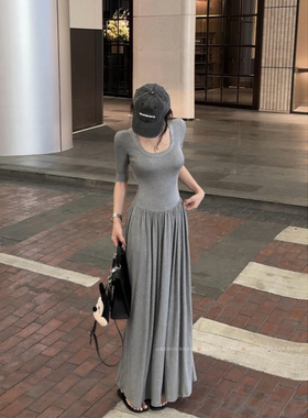 暴走高仙女175高个子加长版灰色u领短袖T恤连衣裙女秋修身收腰裙