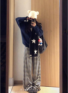 暴走高仙女175高个子加长180秋冬加绒条纹休闲裤女阔腿慵懒拖地裤