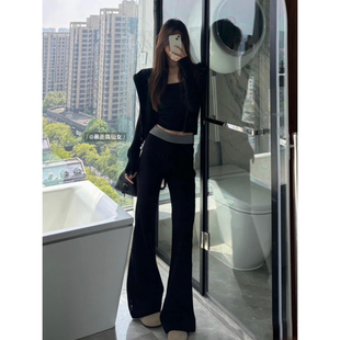 暴走高仙女175高个子美式加长版早春撞色微喇直筒拖地长裤冬休闲