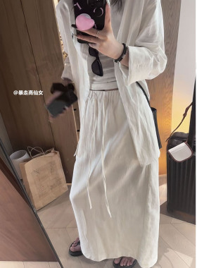 暴走高仙女高个子早春棉麻抽绳后开衩半身裙加长长裙休闲半裙亚麻