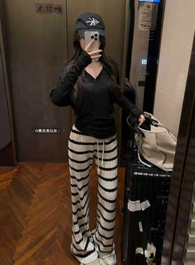 暴走高仙女175高个子慵懒条纹针织微喇裤女春秋镂空加长遛弯长裤