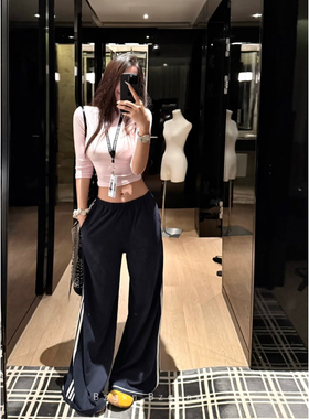 暴走高仙女高个子加长运动直筒休闲裤女秋宽松撞色条纹美式阔腿裤