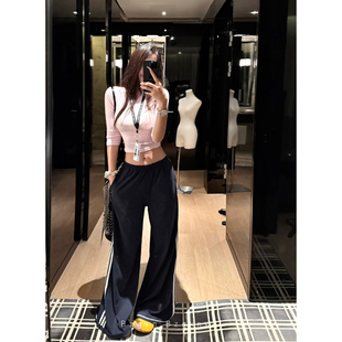 阔腿裤 暴走高仙女高个子加长运动直筒休闲裤 女春宽松撞色条纹美式
