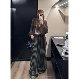 女高个子加长慵懒松紧腰抽绳显瘦阔腿裤 自留款 加厚条纹针织休闲裤