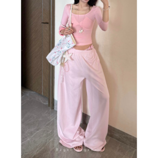 卫裤 2026春夏新款 粉色休闲阔腿裤 暴走高仙女175高个子加长180美式