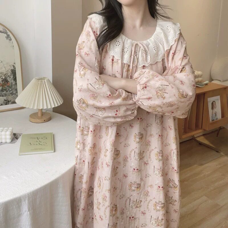 春秋新款睡裙女云朵棉长袖中长款连衣裙子甜美韩版舒适家居服睡裙
