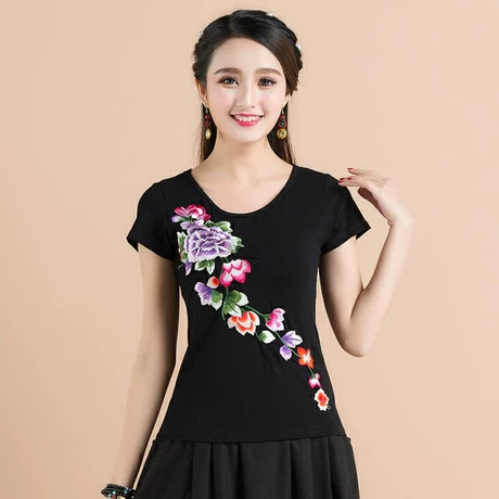 Phong cách dân tộc nữ mùa hè mới phong cách Trung Quốc retro Áo thun cotton ngắn tay cotton kích thước lớn in dây hàng đầu