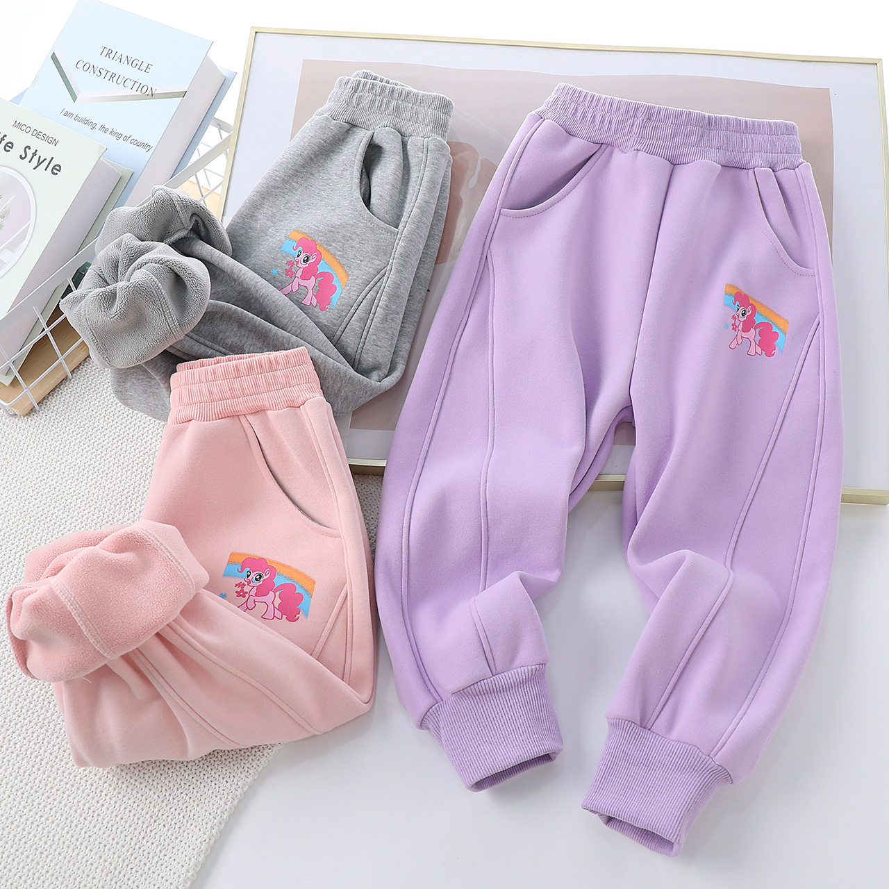 女童加绒裤子2024秋冬小马宝莉儿童一体绒运动裤洋气外穿宝宝卫裤