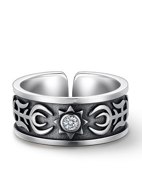 新款欧美复古染黑太阳图腾浮雕戒指男生简约个性百搭高级感单身戒