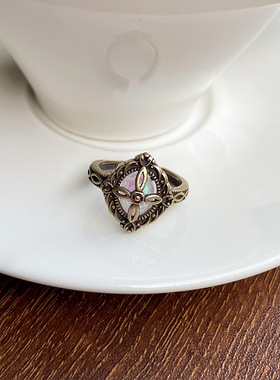 欧美风复古古铜十字菱形戒指高级感轻奢女生个性优雅开口指环小众