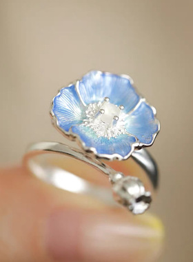 白月光高定蓝色花朵戒指女生滴胶珐琅彩烧蓝气质轻奢文艺开口指环