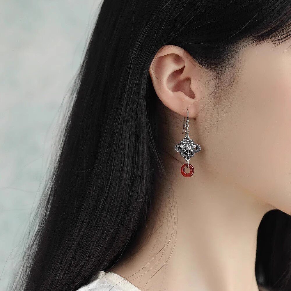 新中式牡丹花耳钩国潮女文艺个性耳钉琳琅彩树脂石红莲花复古配饰