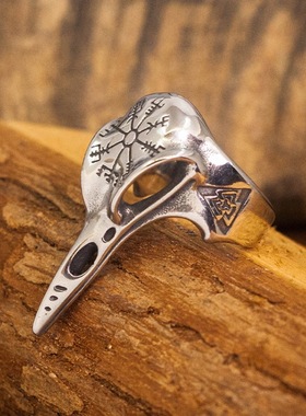 复古欧美维京渡鸦骷髅戒指指南针开口指环男款个性乌鸦头百搭时尚