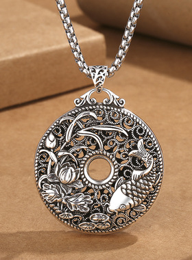 复古锦鲤莲花双福蝙蝠寓意圆形吊牌吊坠新款国潮汉服配饰男女项链