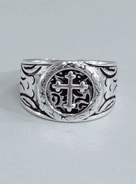 新款欧美复古火星文十字架戒指朋克风嘻哈个性开口指环男宽面手饰