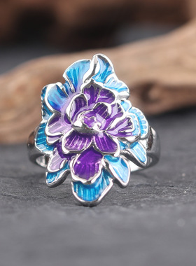 新中式国潮牡丹花戒指女生滴胶珐琅彩烧蓝文艺优雅开口指环民族风