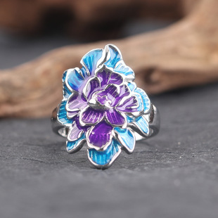 新中式国潮牡丹花戒指女生滴胶珐琅彩烧蓝文艺优雅开口指环民族风