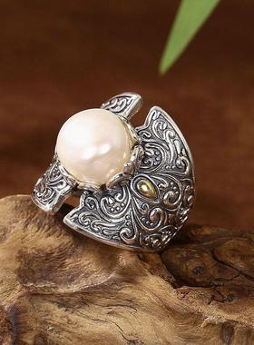 新中式复古时尚浮雕露珠戒指女生宫廷风开口指环个性文雅轻奢气质