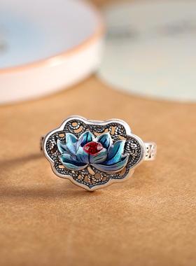 新中式国风复古镂空滴胶烧蓝莲花戒指时尚女简约百搭如意开口指环