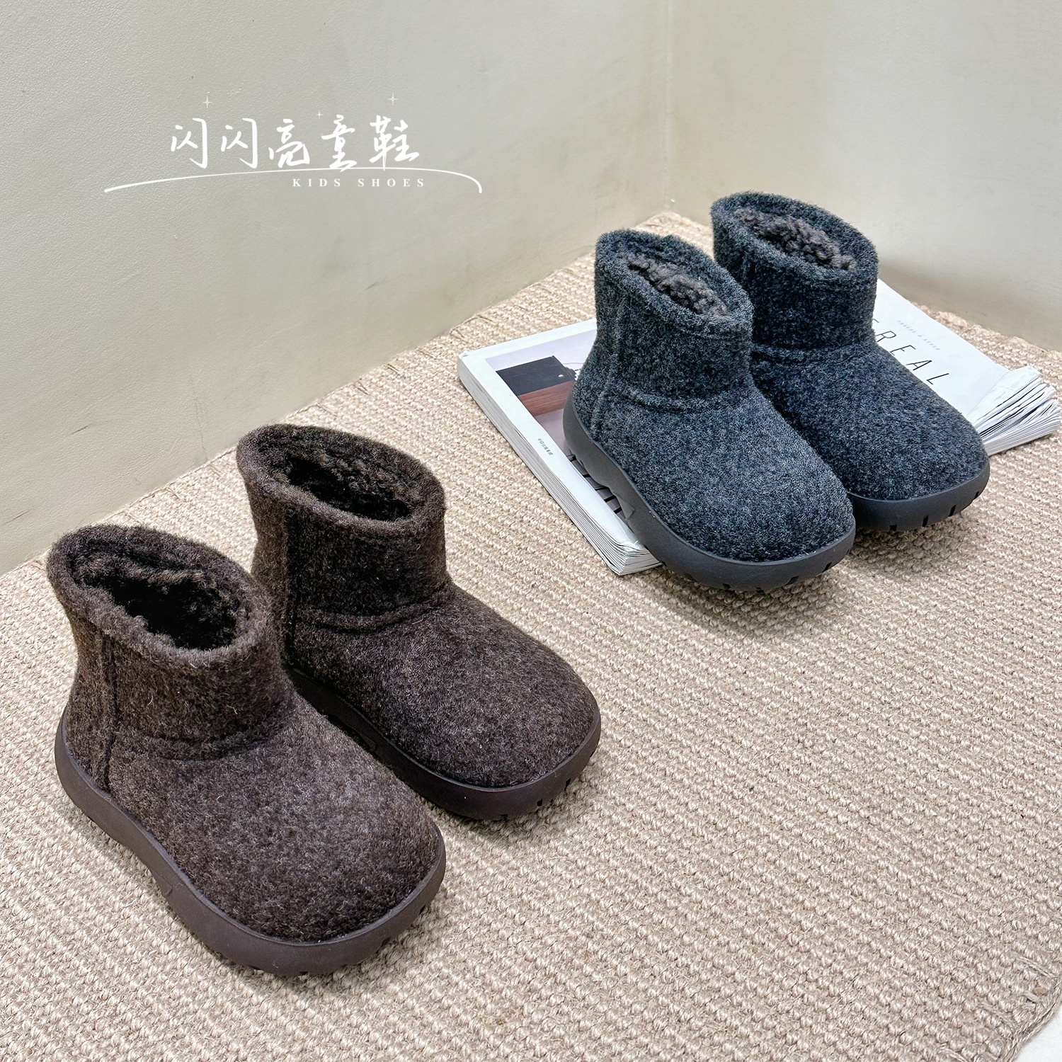 儿童雪地靴2026冬季新款韩版男女童百搭毛呢加绒加厚保暖棉靴短靴
