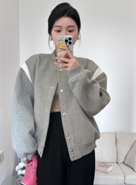 小历家重磅皮革拼接灰色棒球服外套女2023年春季新款夹克上衣