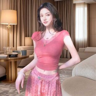 【空谷幽兰】夏季国风新中式蕾丝拼接针织短袖上衣女