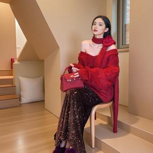 MOSS 【红绫梦】秋冬国风新中式红色圣诞毛衣羊驼毛上衣女