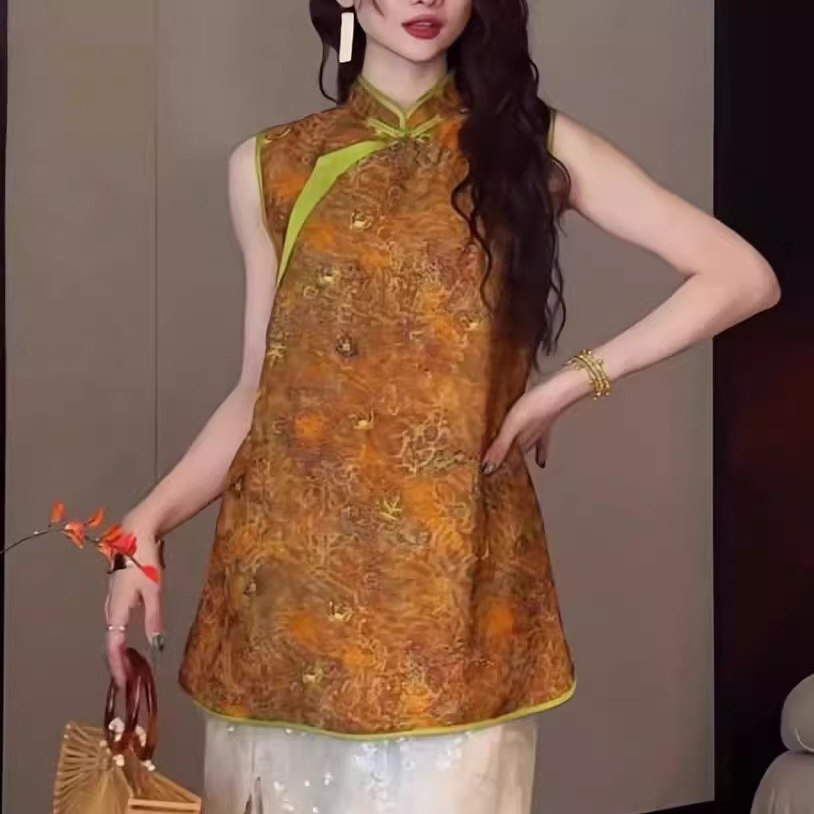 三吉同款「6/28晚8点新品95折」【得闲】织金炒色撞色金丝旗袍裙